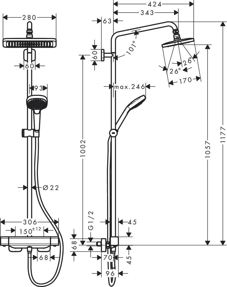 Габаритная схема Душевая стойка Hansgrohe Croma E 27630000