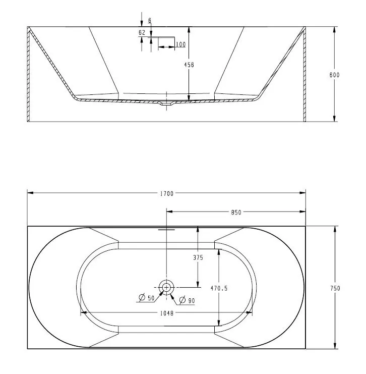 Габаритная схема Акриловая ванна Abber AB9281 170х75