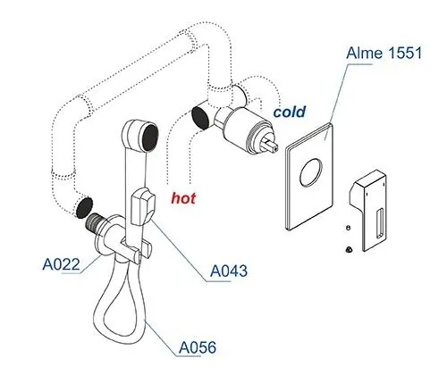 Габаритная схема Гигиенический душ Wasserkraft Alme A01556 со смесителем, с внутренней частью