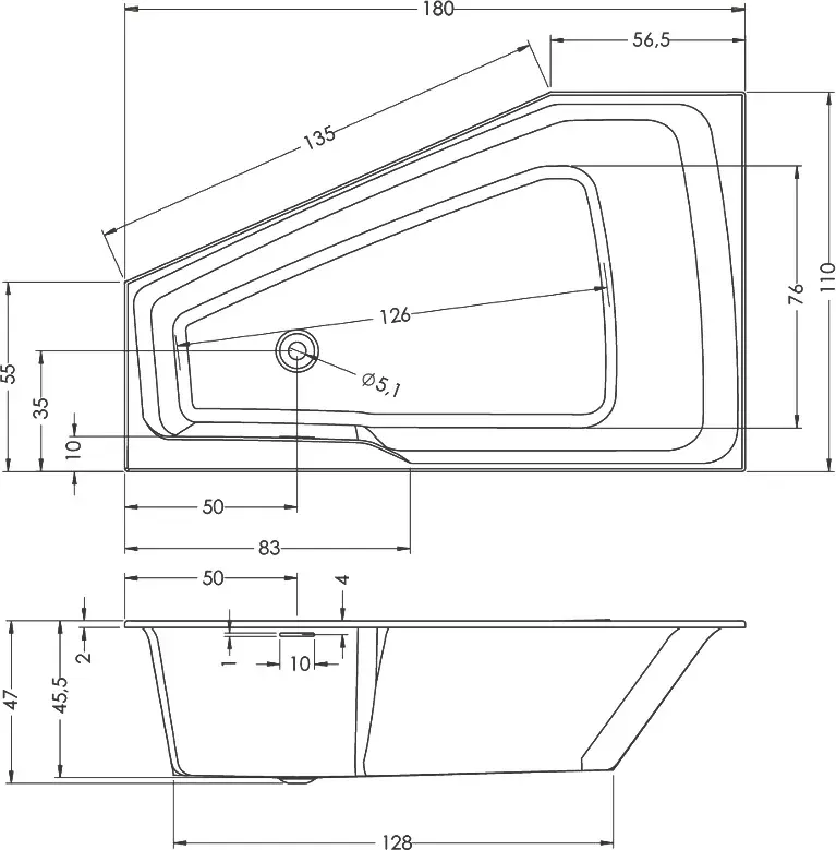 Габаритная схема Акриловая ванна Riho Rething Space 180х110 R