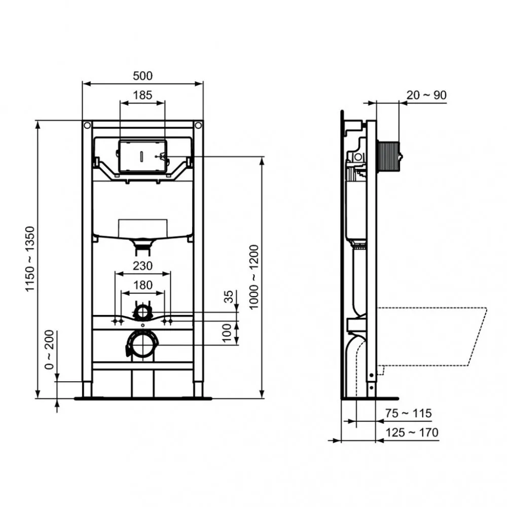 Габаритная схема Комплект Ideal Standard Connect P211601 (подвесной унитаз + инсталляция + кнопка + сиденье)