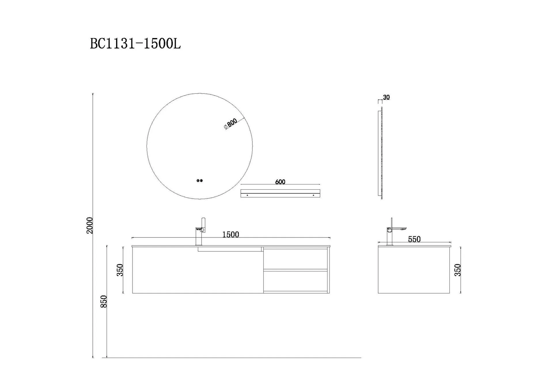 Габаритная схема Тумба с раковиной Orans BC-1131-1500L 150 L