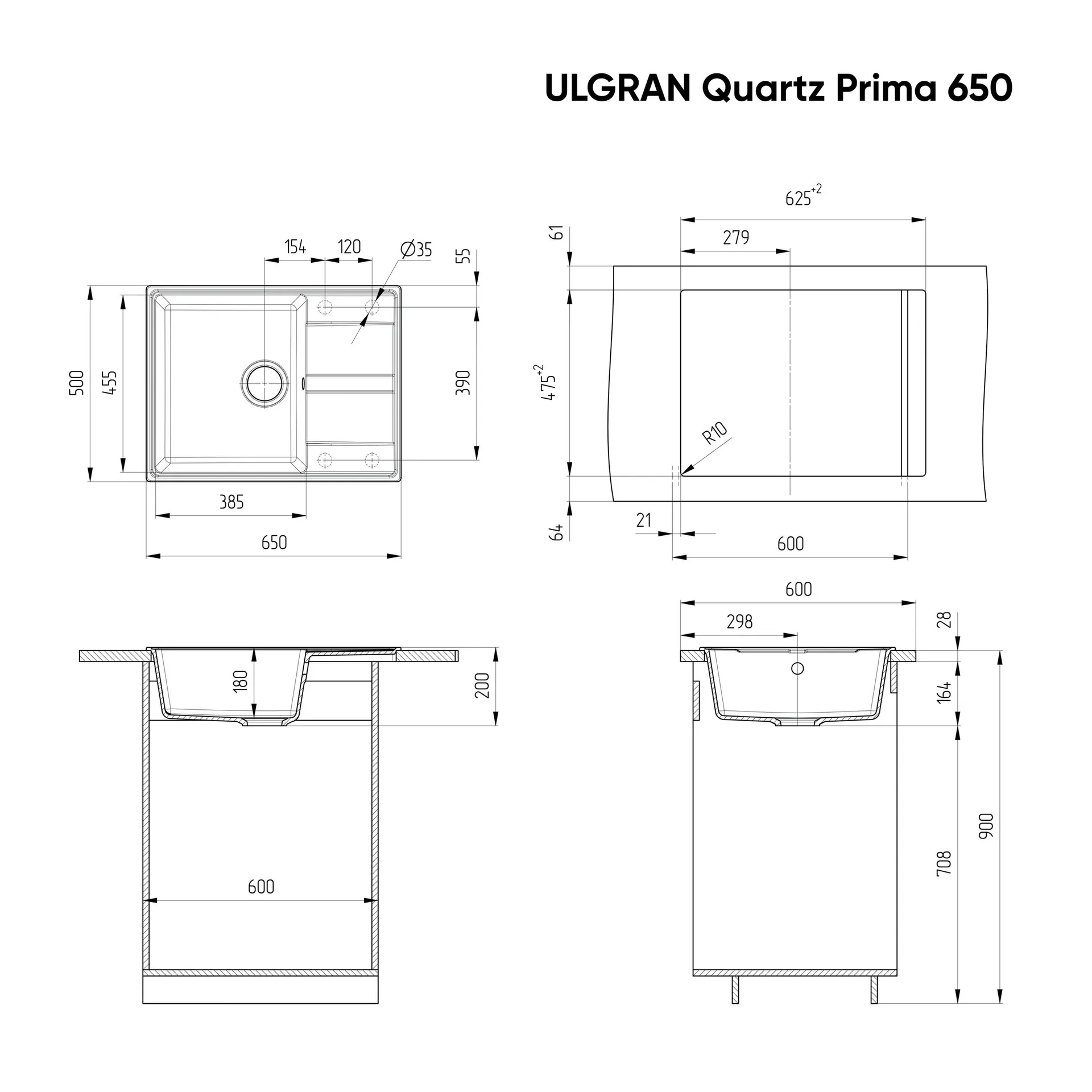Габаритная схема Мойка кухонная Ulgran Quartz Prima 650-04 платина