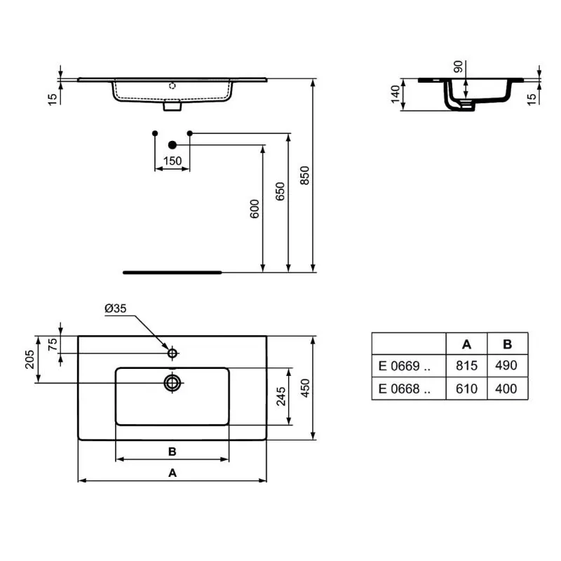 Габаритная схема Раковина Ideal Standard Tempo Vanity E066901 60 см