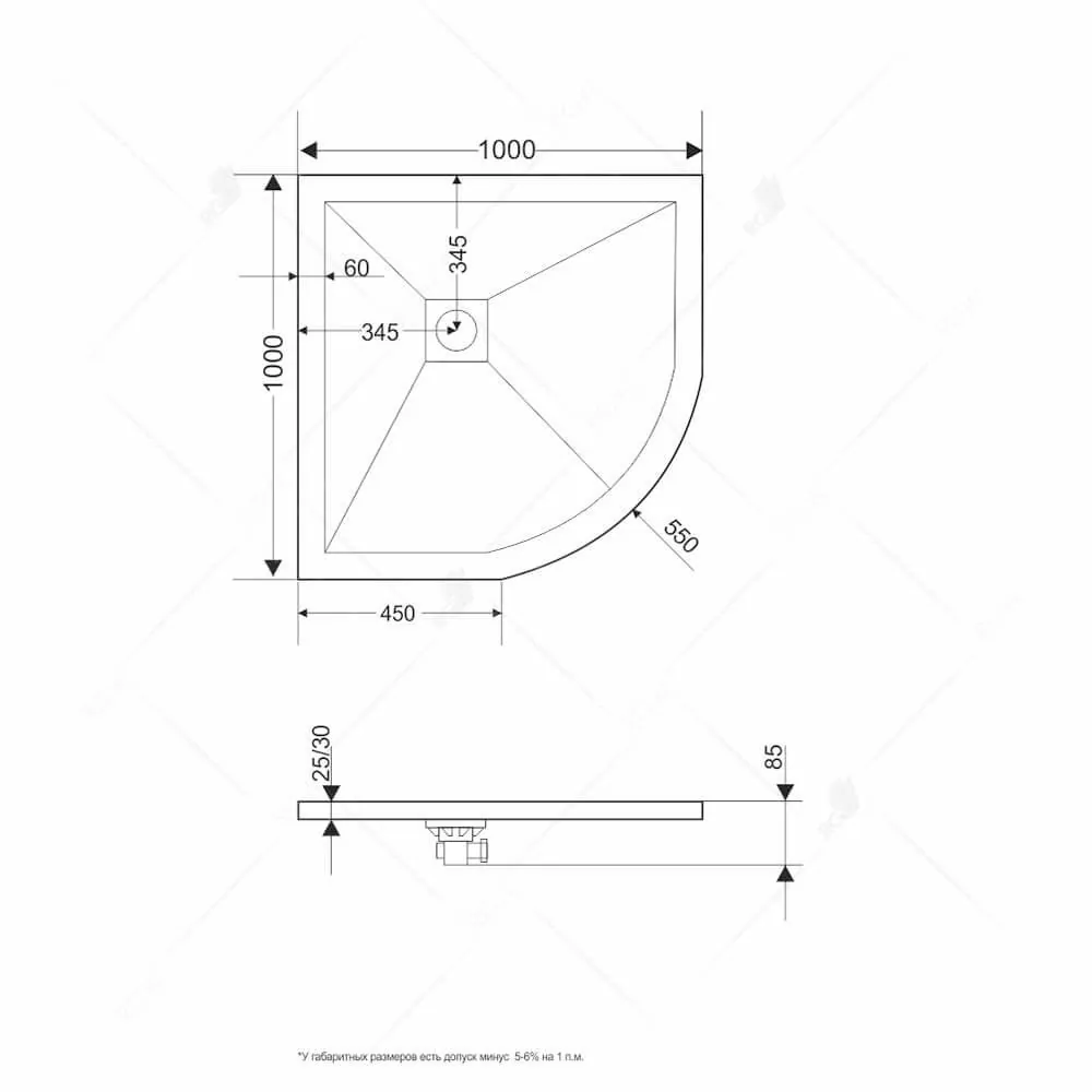 Габаритная схема Поддон для душа RGW Stone Tray ST/R-W 100х100