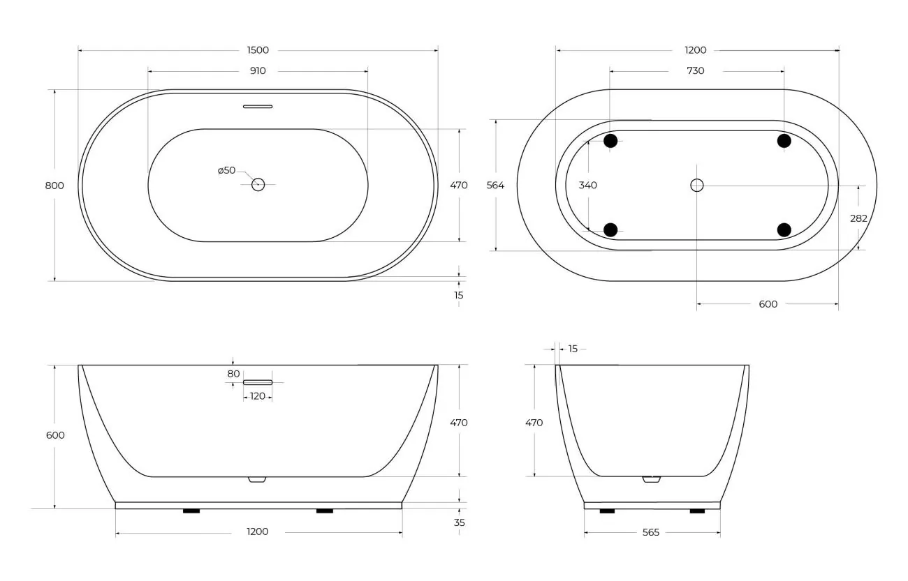 Габаритная схема Акриловая ванна BelBagno BB413-1500-800 150х80