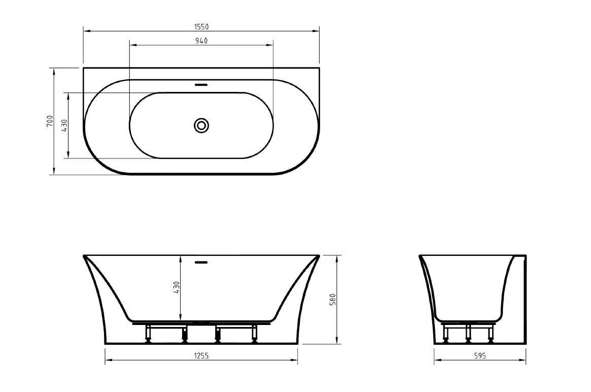 Габаритная схема Акриловая ванна BelBagno BB711-1550-700 155x70