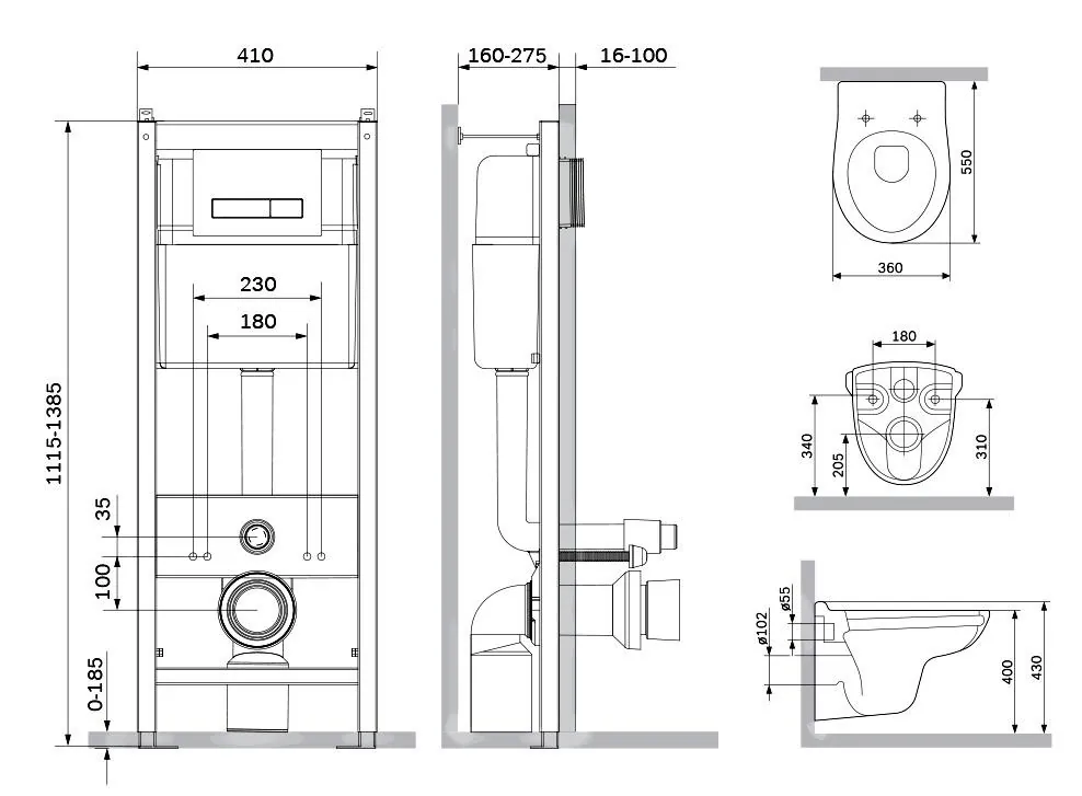 Габаритная схема Комплект AM.PM Sense IS30251.741700 кнопка смыва хром