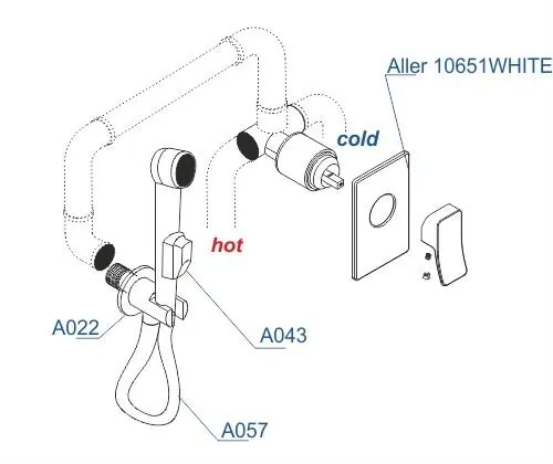 Габаритная схема Гигиенический душ Wasserkraft Aller A010656WHITE со смесителем, с внутренней частью