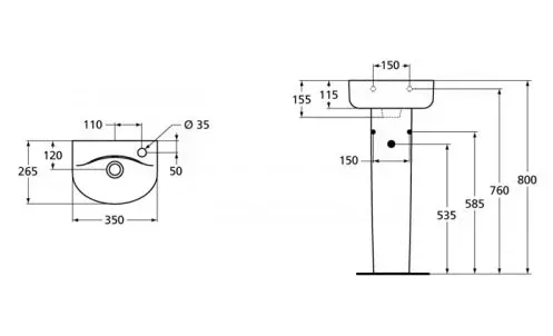 Габаритная схема Рукомойник Ideal Standard Connect Arc E791501 35 см