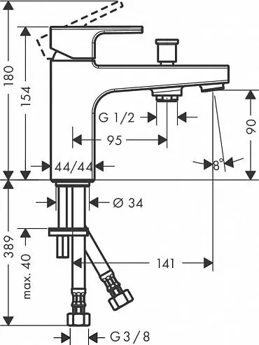 Габаритная схема Смеситель Hansgrohe Vernis Shape 71463000 на борт ванны