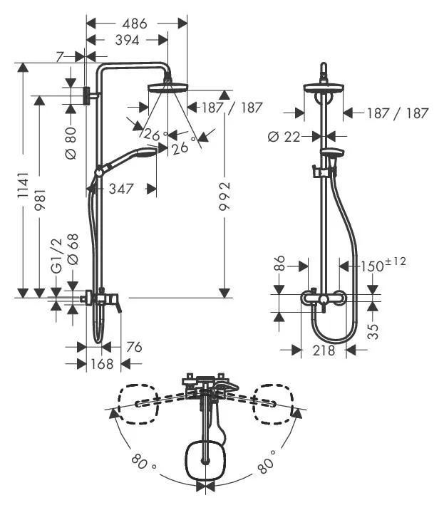 Габаритная схема Душевая стойка Hansgrohe Croma Select E 27258400