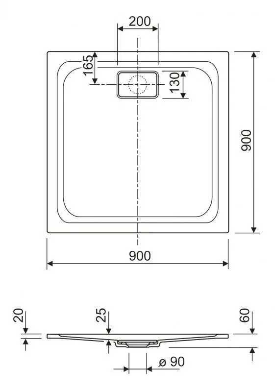 Габаритная схема Поддон для душа Cezares TRAY-TITAN-A-90-25-W