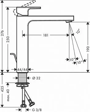 Габаритная схема Смеситель Hansgrohe Vernis Shape 71562670 для раковины
