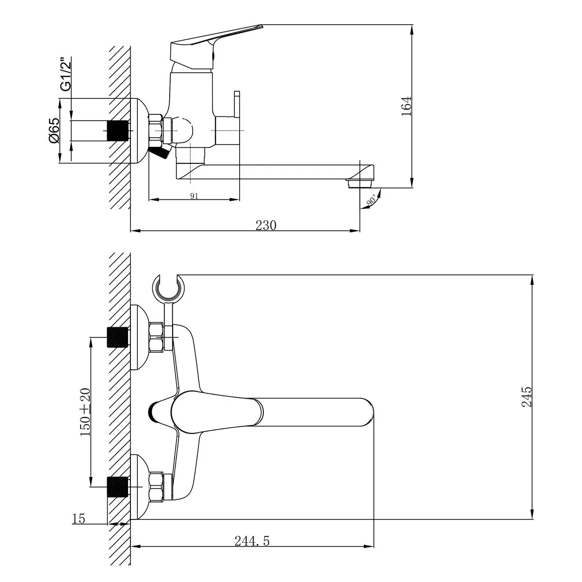 Габаритная схема Смеситель Lemark Partner LM6513C для ванны с душем