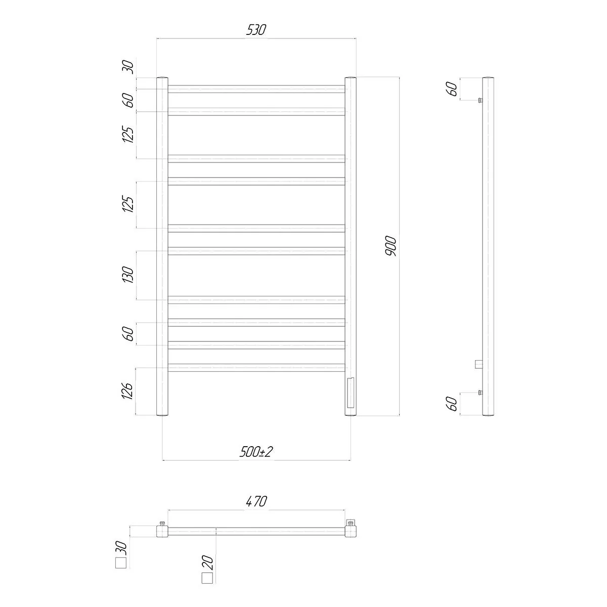Габаритная схема Полотенцесушитель электрический Lemark Unit П10 50x90