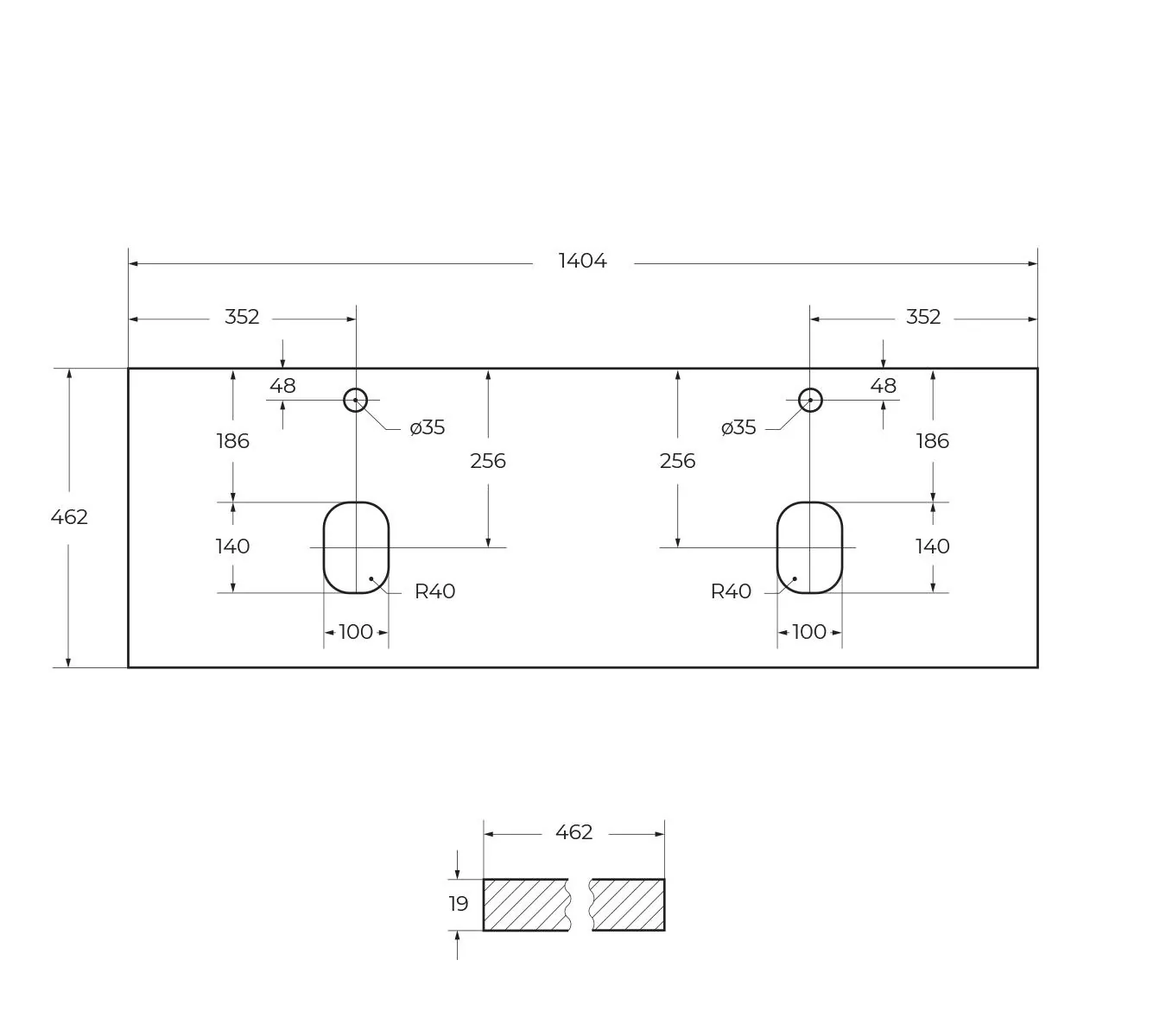 Габаритная схема Столешница BelBagno EK-140-2-BO Bianco Opaco