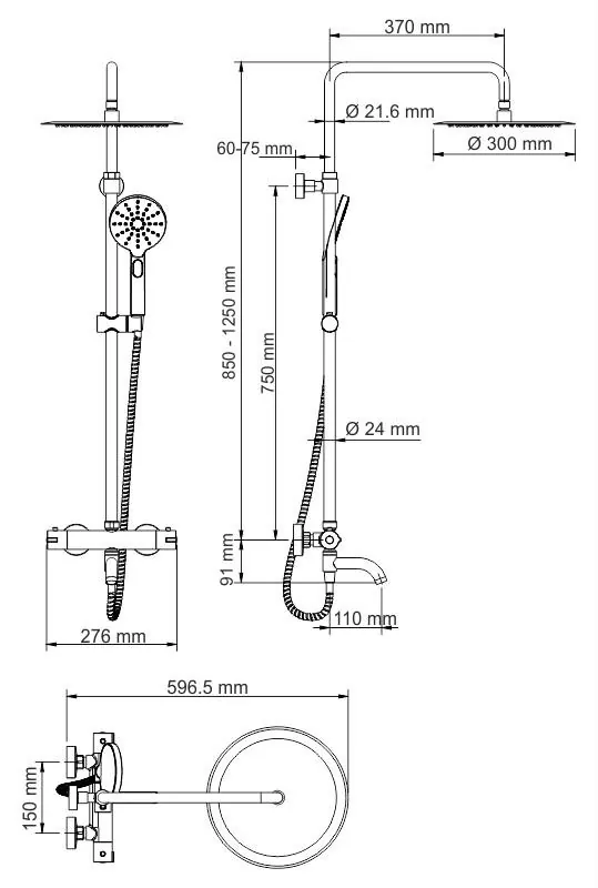 Габаритная схема Душевая стойка Wasserkraft A18801 Thermo