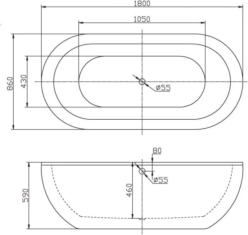 Габаритная схема Акриловая ванна BelBagno BB13-1800 180х86