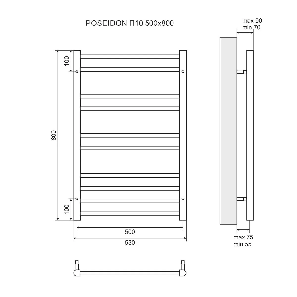 Габаритная схема Полотенцесушитель электрический Lemark Poseidon П10 50x80