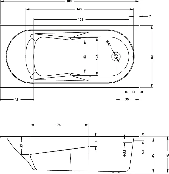 Габаритная схема Акриловая ванна Riho Bathtubs Lazy 180x80