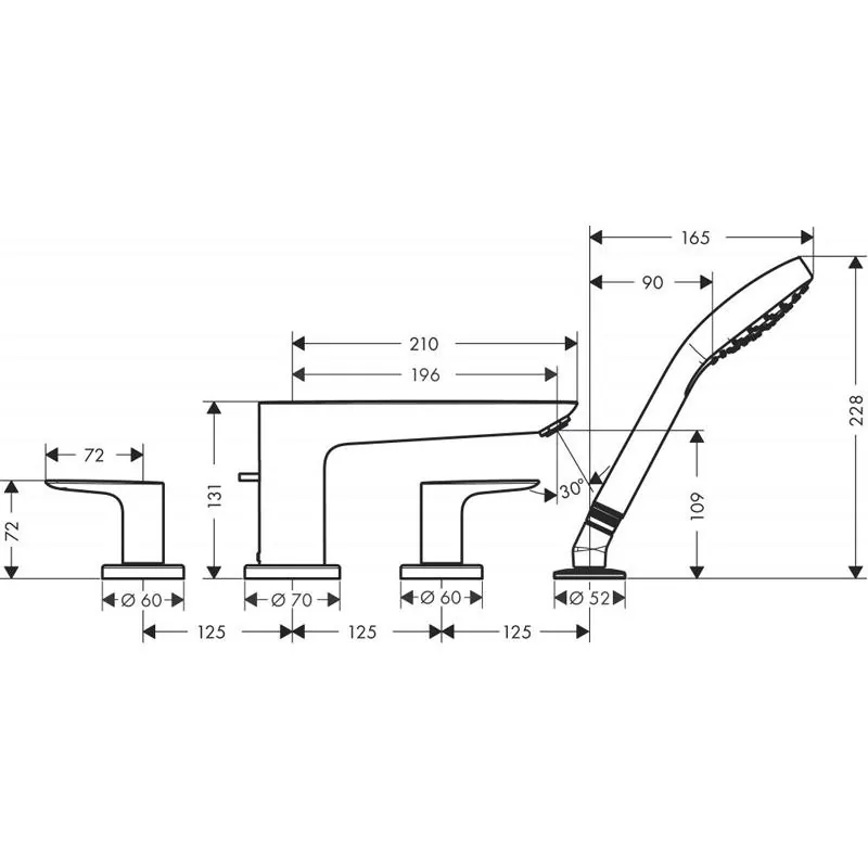 Габаритная схема Смеситель Hansgrohe Talis E 71748990 на борт ванны