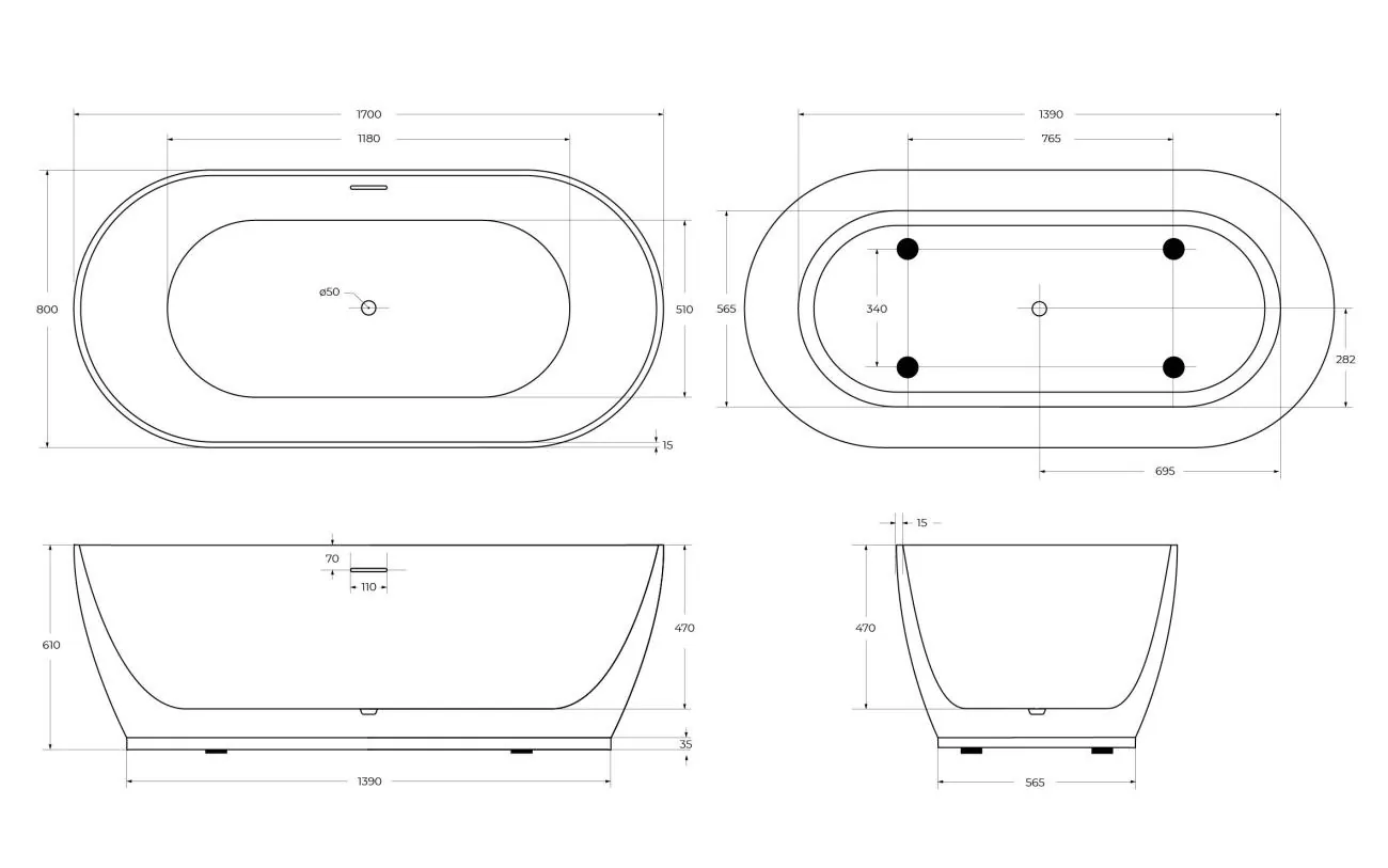 Габаритная схема Акриловая ванна BelBagno BB413-1700-800-MATT 170х80