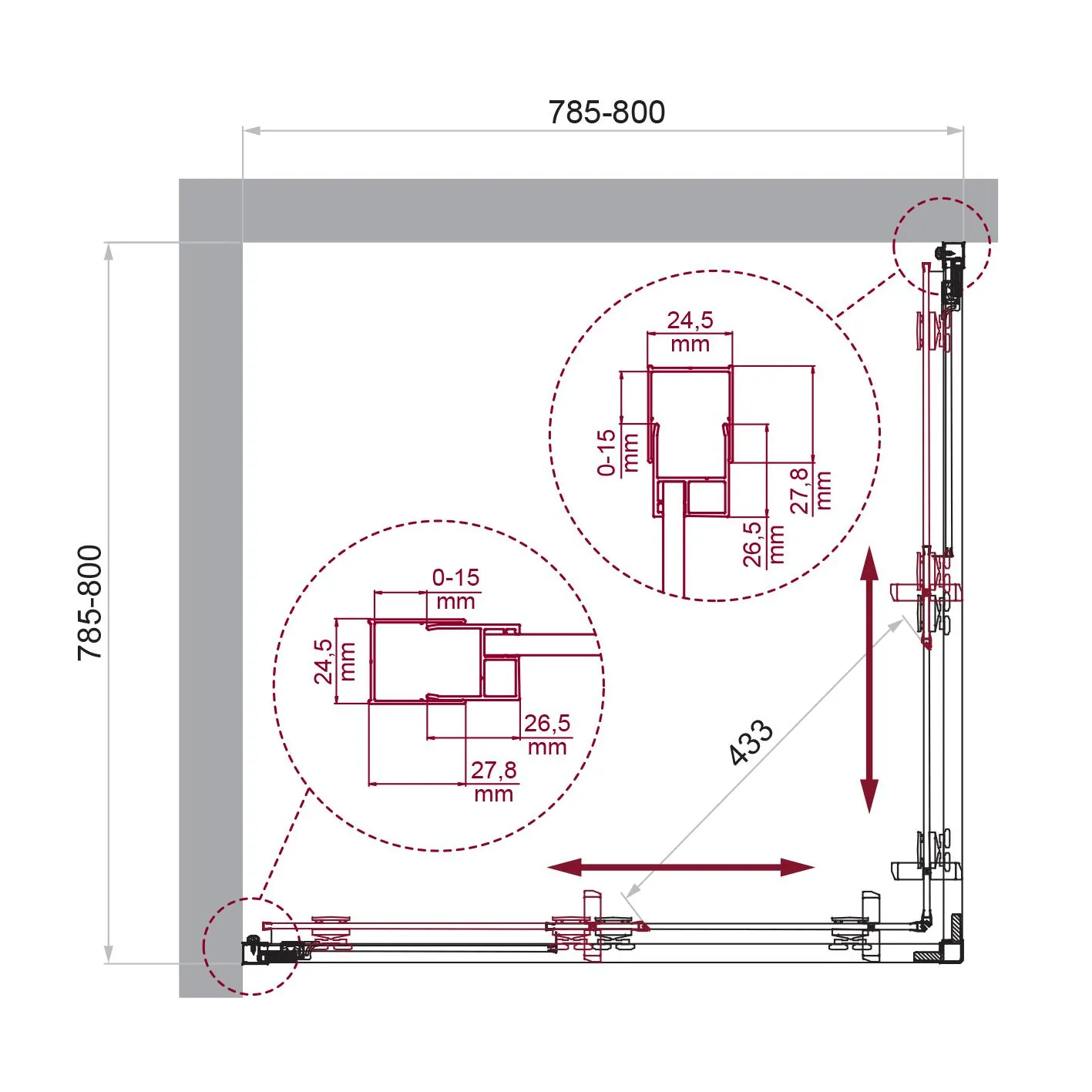 Габаритная схема Душевой уголок BelBagno Luce A-2-80-C-Cr
