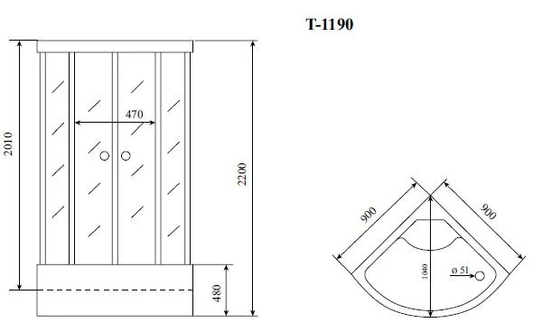Габаритная схема Душевая кабина Timo Standart T-5590