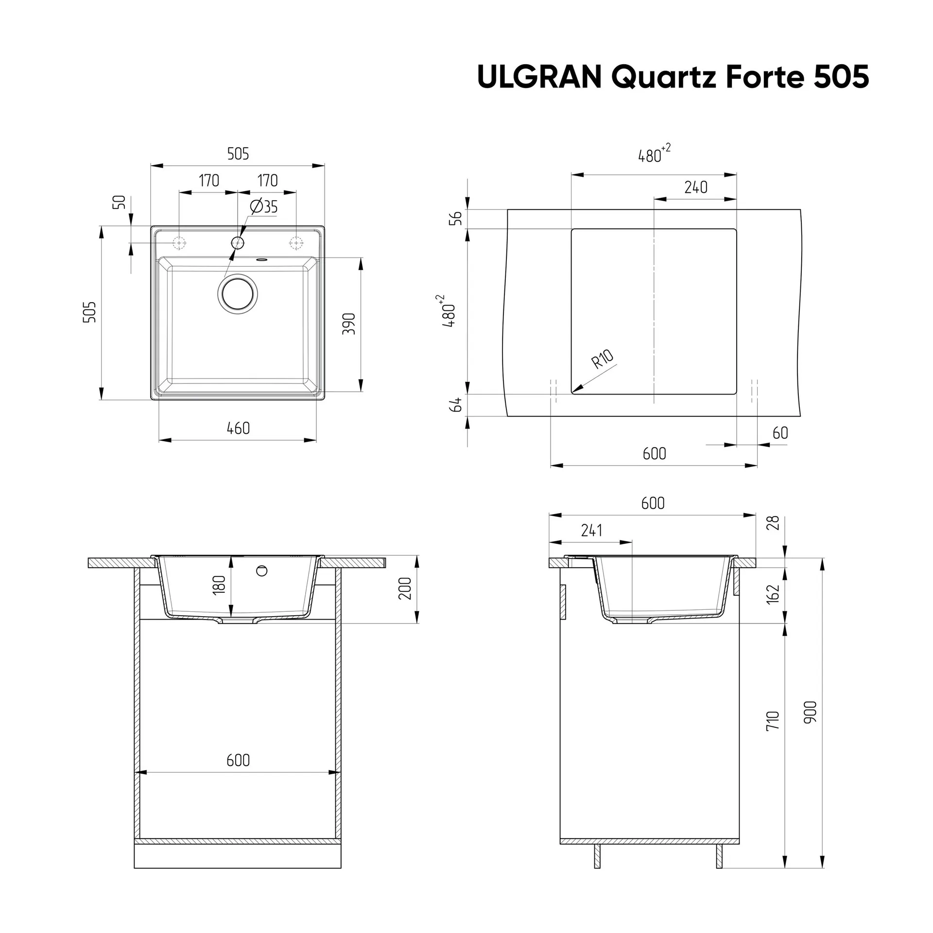 Габаритная схема Мойка кухонная Ulgran Quartz Forte 505-08 космос