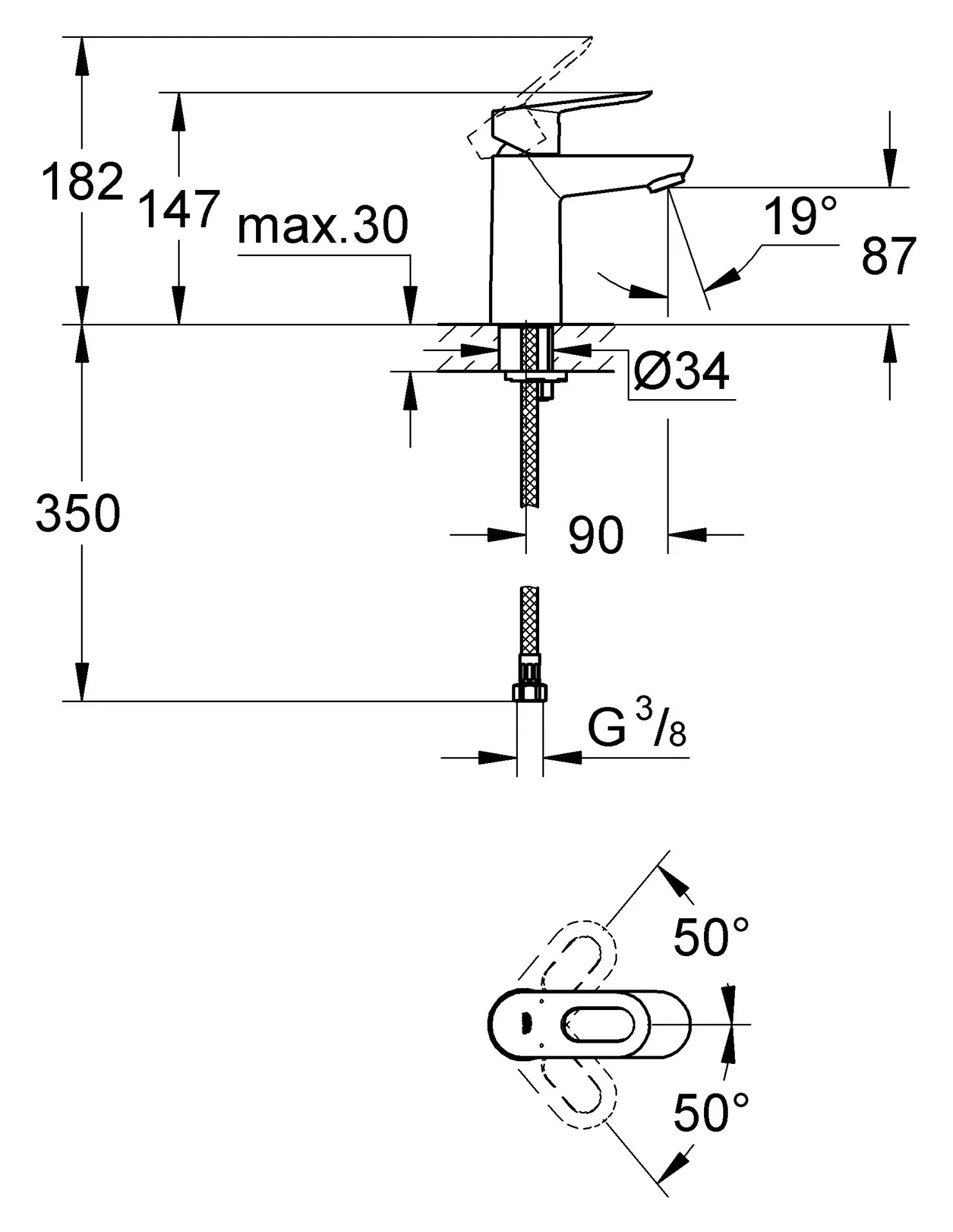 Габаритная схема Смеситель Grohe BauLoop 23337000 для раковины