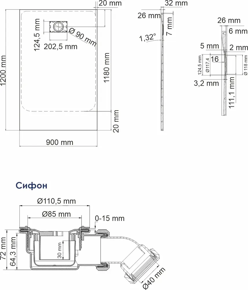 Габаритная схема Поддон для душа Wasserkraft Elbe 74T07 120x90 см