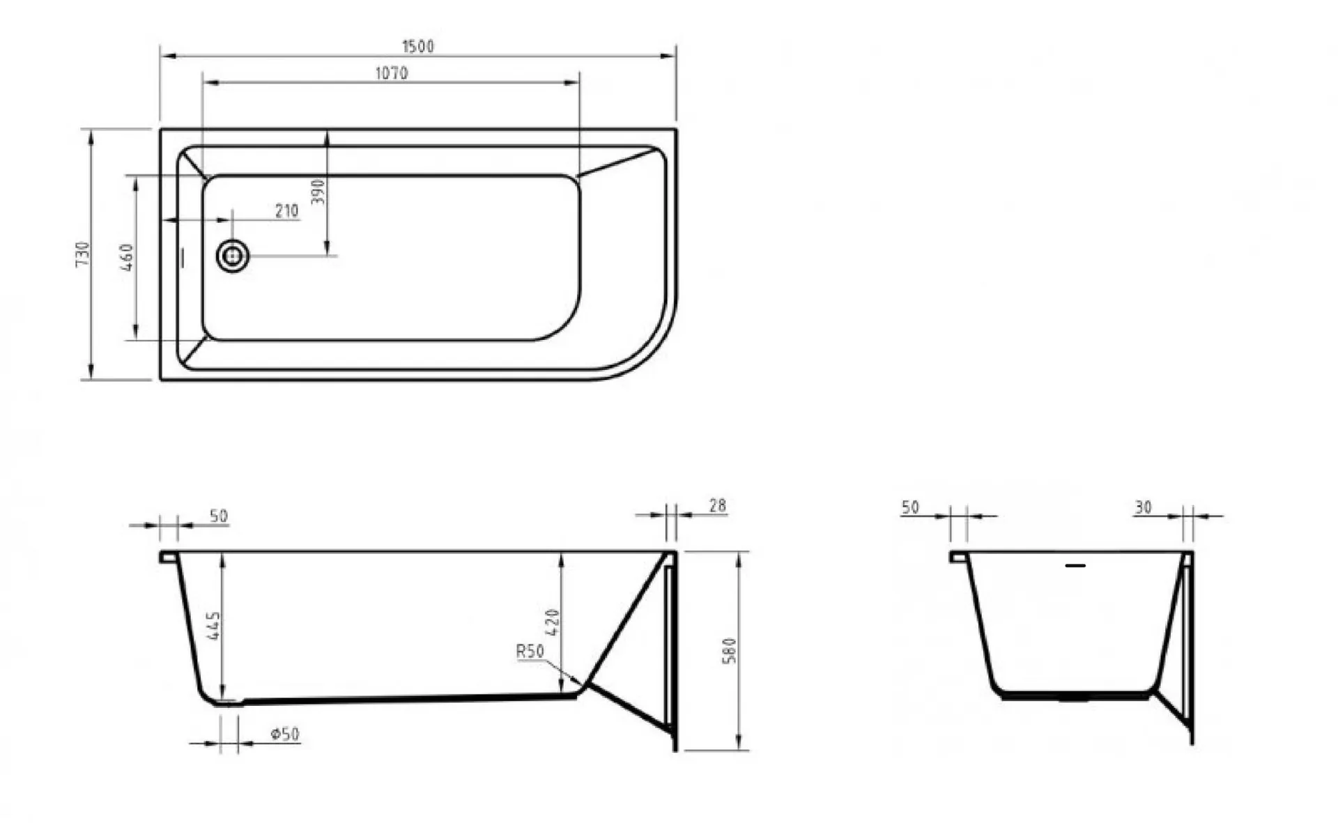 Габаритная схема Акриловая ванна BelBagno BB712-1500-730-L 150x75