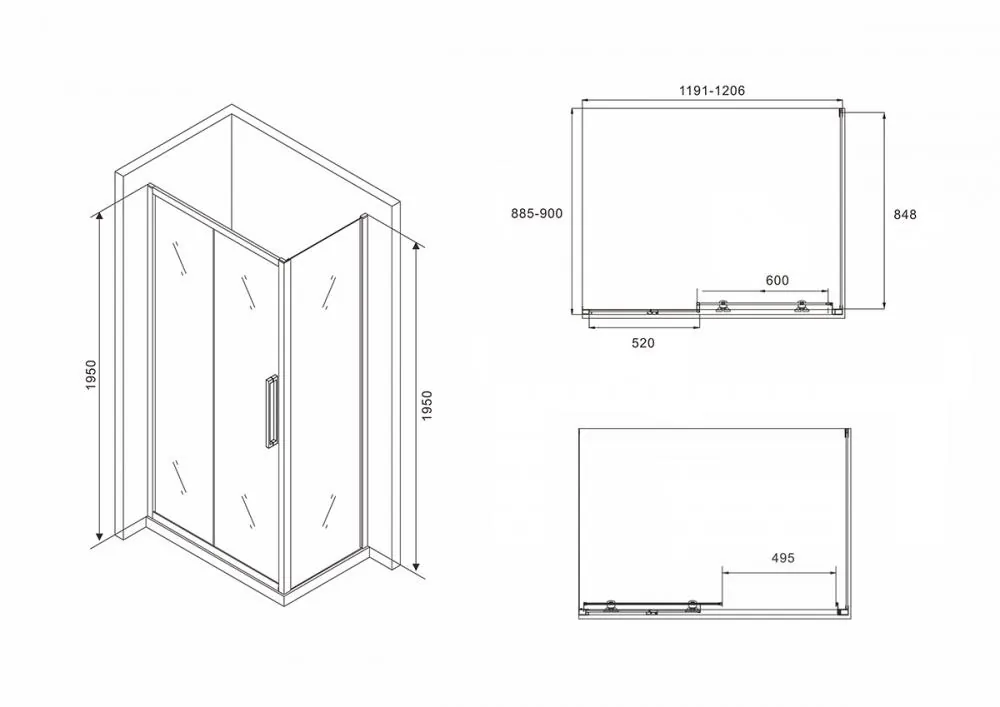 Габаритная схема Душевой уголок Abber Schwarzer Diamant AG30120BH-S90B 120x90