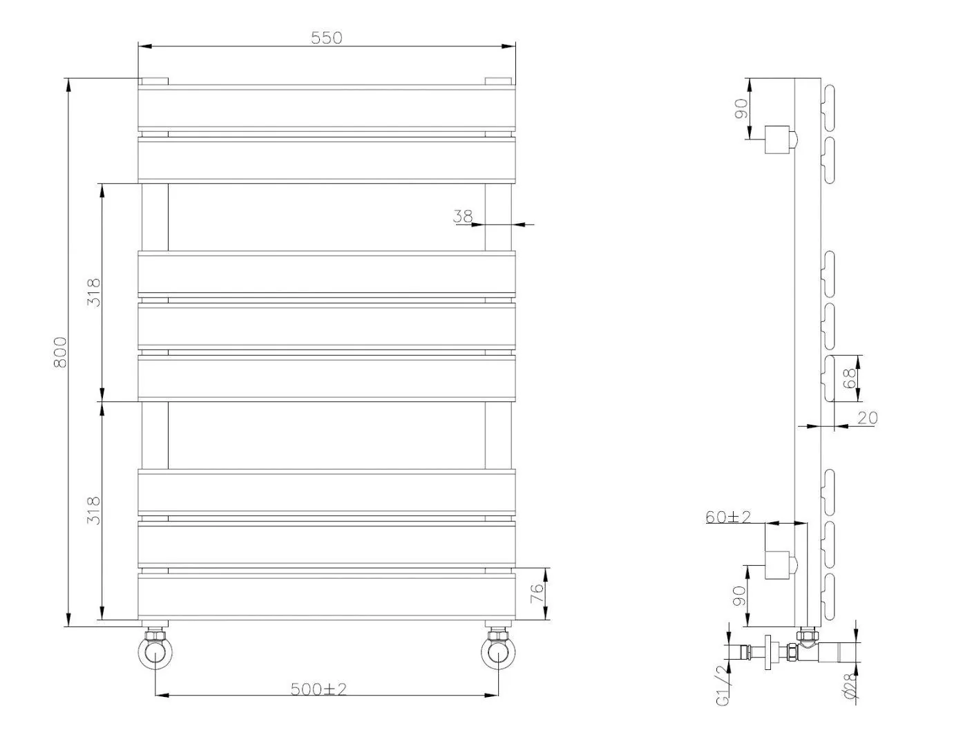 Габаритная схема Полотенцесушитель водяной Boheme Venturo 50x80 черный