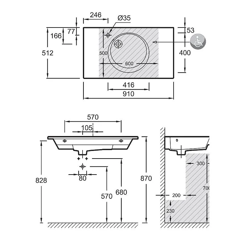 Габаритная схема Раковина Jacob Delafon Odeon Rive EXAV112-Z-00 90 см