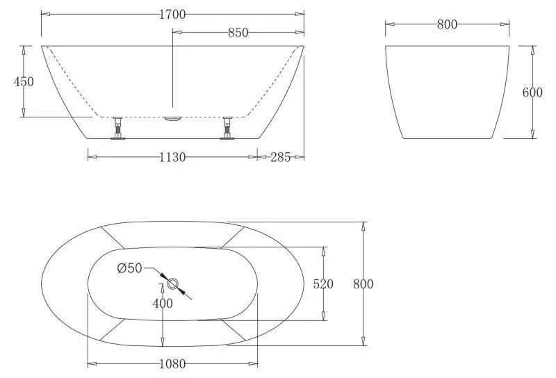 Габаритная схема Акриловая ванна BelBagno BB77-1700-W0 170х80