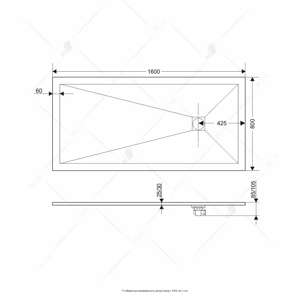 Габаритная схема Поддон для душа RGW Stone Tray ST-Co 160x80