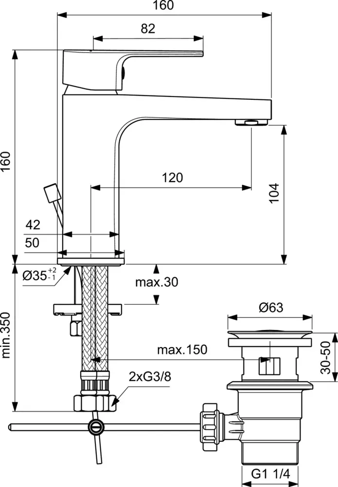 Габаритная схема Душевой комплект Ideal Standard Esla BC264AA