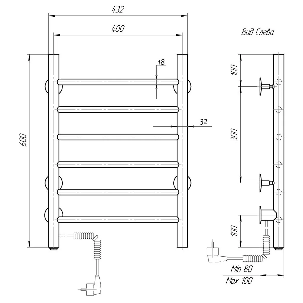 Габаритная схема Полотенцесушитель электрический Domoterm Аврора 40x60 L