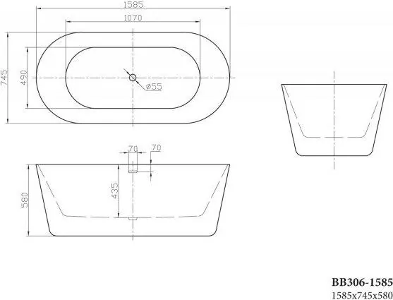Габаритная схема Акриловая ванна BelBagno BB306-1585 160х75