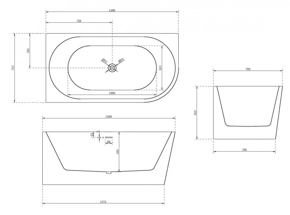 Габаритная схема Акриловая ванна Abber AB9257-1.5 L 150x80 L