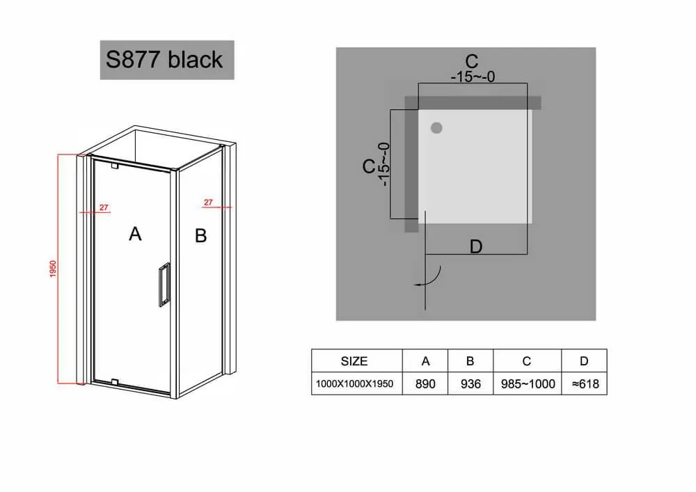 Габаритная схема Душевой уголок Black&White Stellar Wind S877 100х100 см