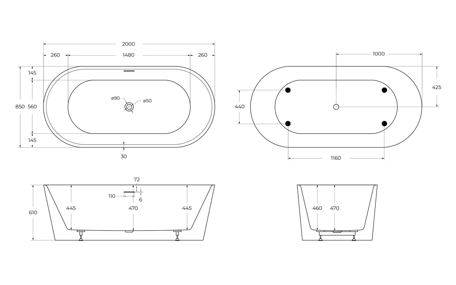Габаритная схема Акриловая ванна BelBagno BB416-2000-850 200x85