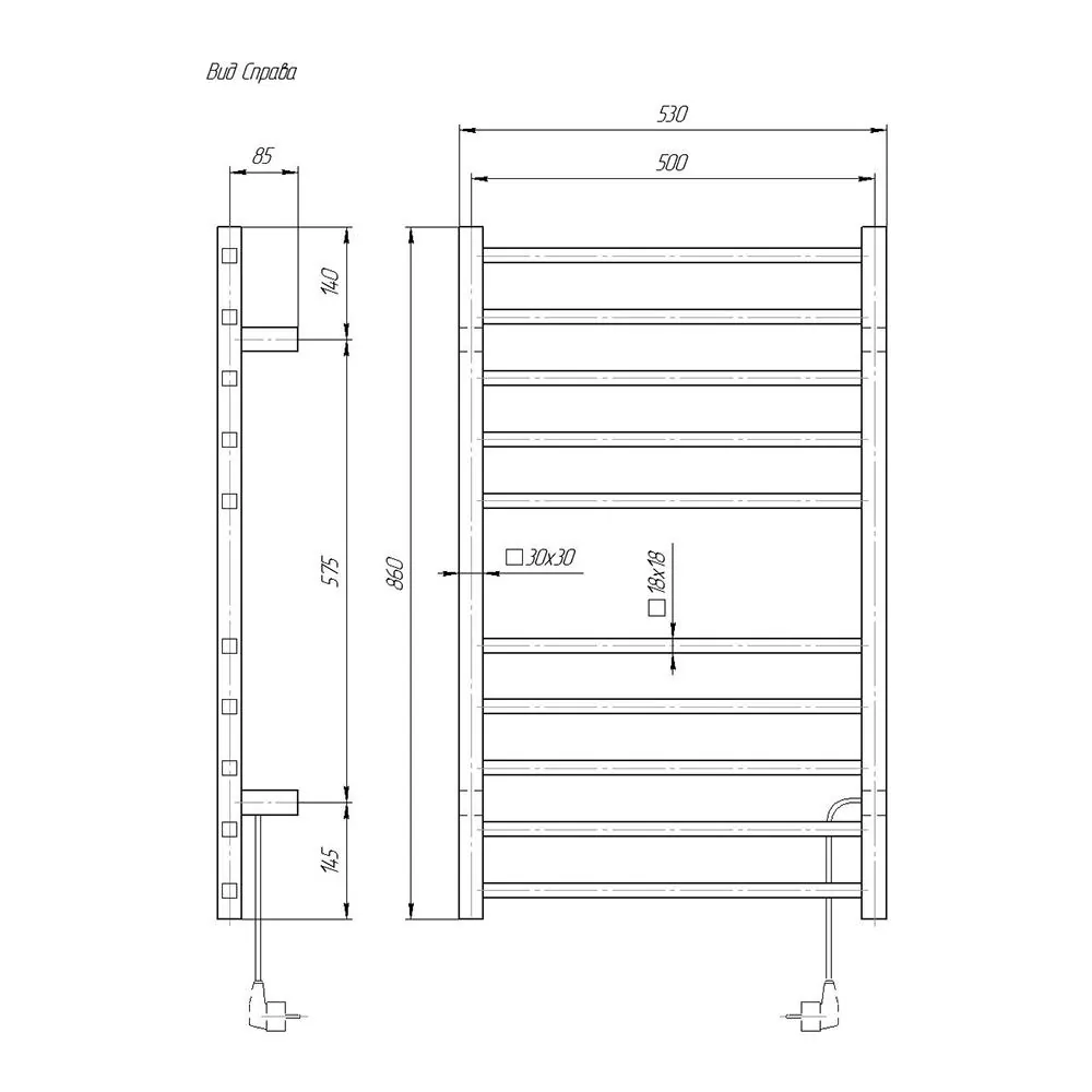 Габаритная схема Полотенцесушитель электрический Domoterm Квадро П10 50x85
