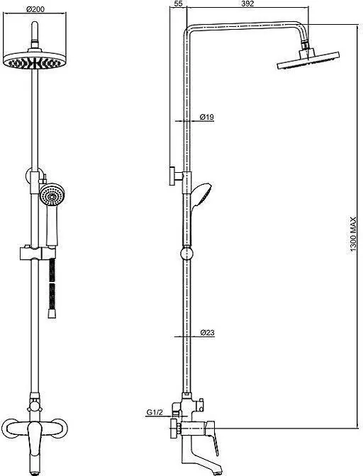 Габаритная схема Душевая стойка Bravat Eco F6111147C-A-RUS
