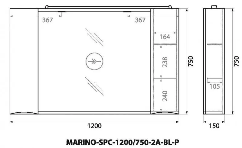 Габаритная схема Зеркало-шкаф BelBagno Marino SPC-1200/750-2A-BL-P