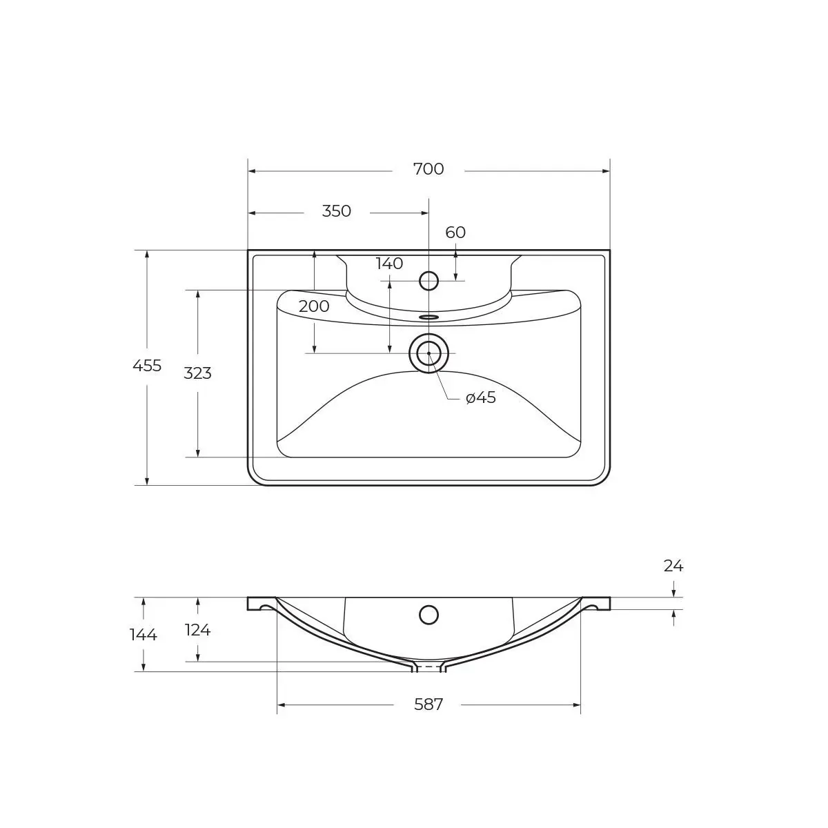 Габаритная схема Мебельная раковина BelBagno BB700/455-LV-MR-ALR 70 см