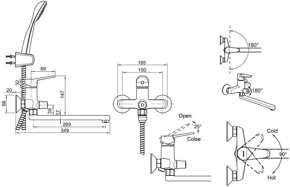 Габаритная схема Душевой комплект Bravat Eco F00414С 2 в 1