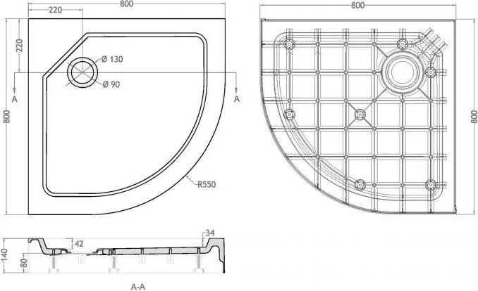 Габаритная схема Поддон для душа Cezares Tray SMC R 80x80 см